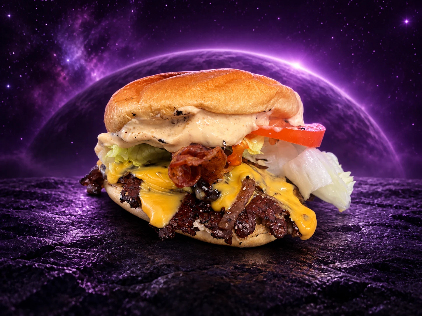 Smashburger mit heller Sauce, Käse und Tomate vor einem violetten Planeten